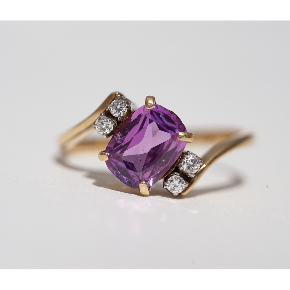 Vintage 14k Solid Yellow Gold Natural Pink Purple Sapphire Diamond Ring Size 6.5